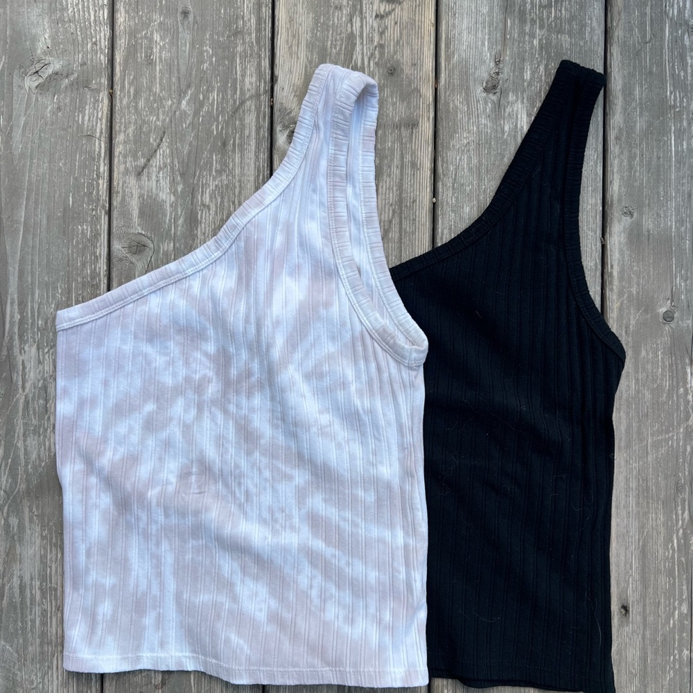 American Eagle Outfitters Asymmetrical Ribbed Tank Tops in Black and White
